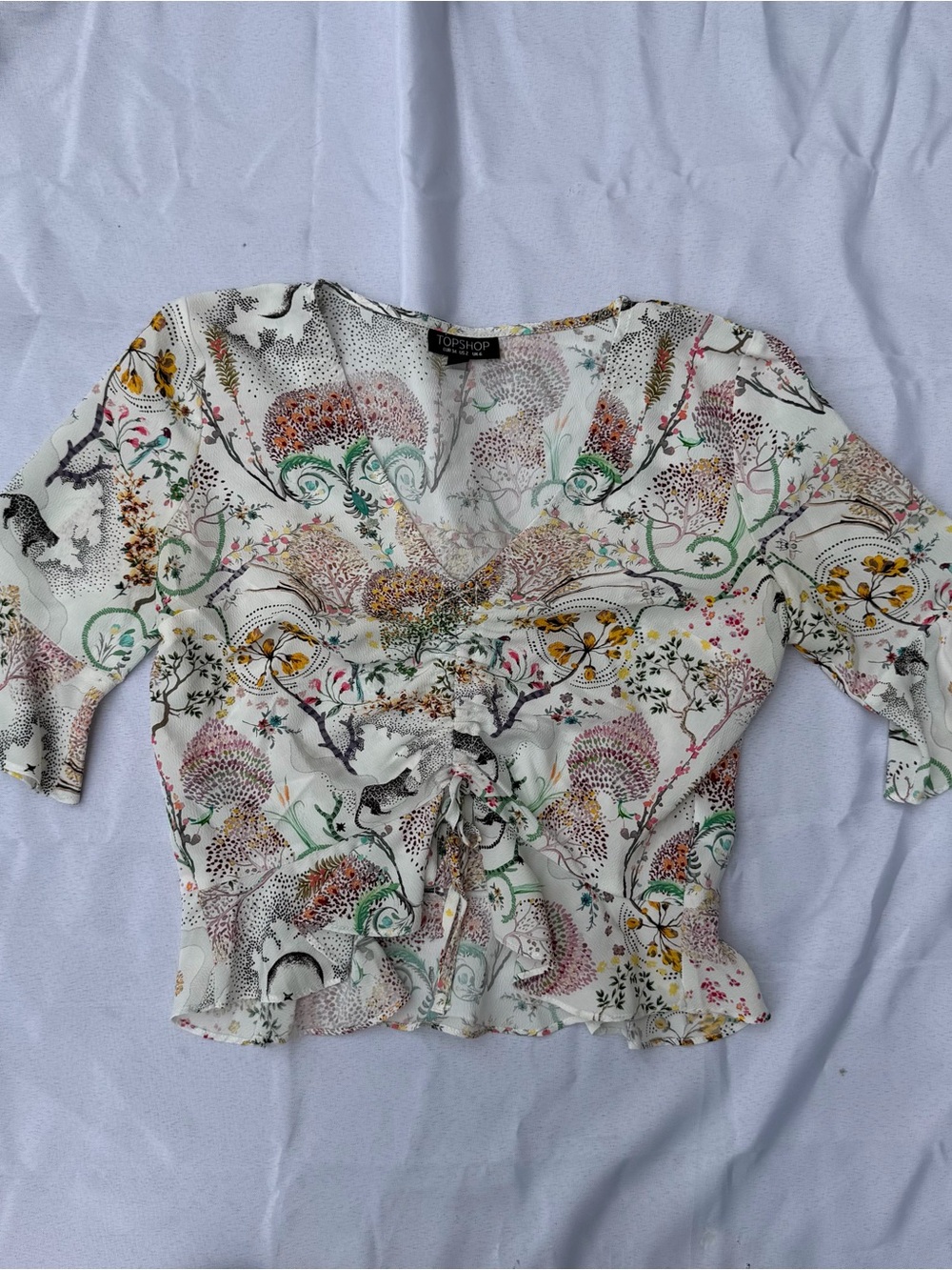 Topshop Cream Floral Ruched Front Short Sleeve Blouse